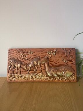 Vintage MCM Ceramic Deer Relief Hanging Wall Plaque Japan